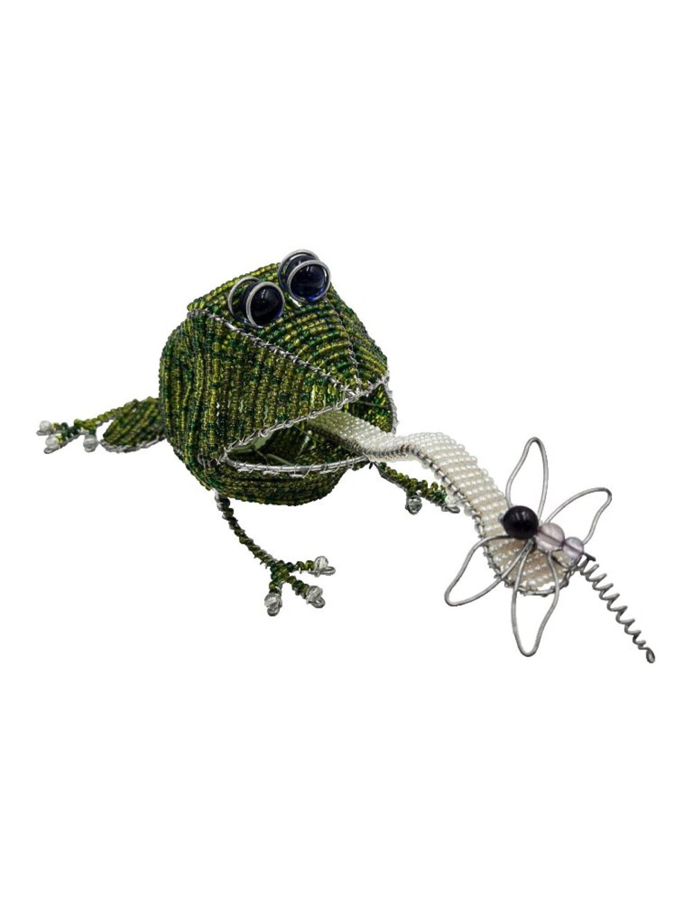 Beaded Frog With Dragonfly Figurine Wire Bead Art Freestanding Toad Bug Read